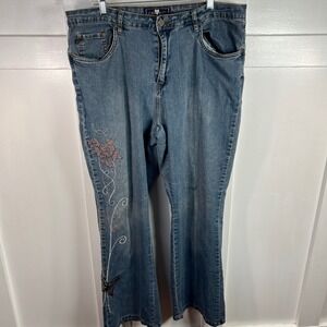 Luxury Blues Y2K Embroidered Butterfly Floral Flare Jeans Blue Denim Size 17/18